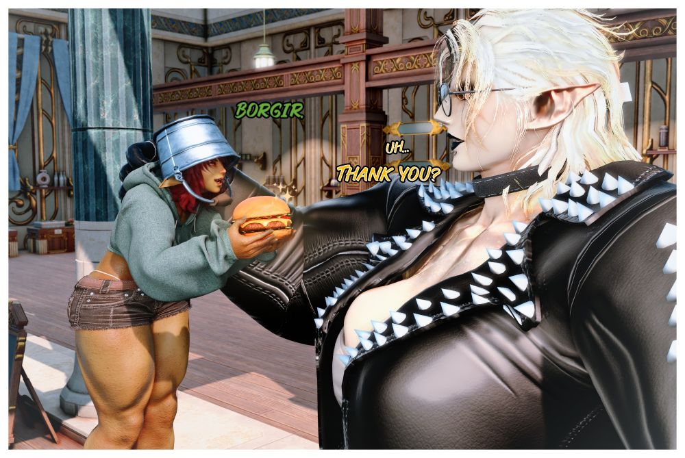 Mighty holds up a peculiar little goblin by the back of her shirt. Bucket excitedly offers up a "Borgir." to the gentle giantess, who still confused by the encounter mutters a "Uh... Thank you?"