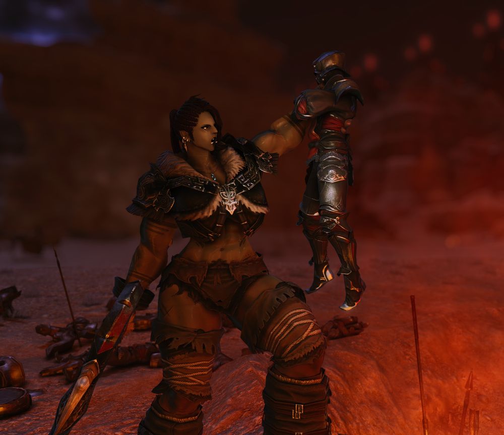 A giant orc warrior stands in the middle of a battleground. She appears to roar as she holds an enemy soldier over a flaming pit.