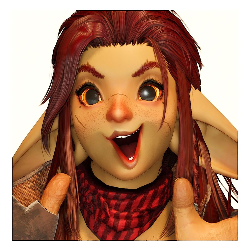 Buckets eyes are open wide and her pupils have dilated to extreme size, covering almost all the colour in her irises, as she peers through the panel. She has an open mouthed smile as she gazes out with joy and excitement.