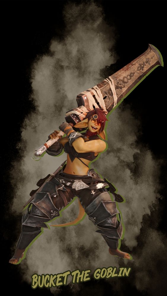A character card of Bucket the Goblin. She has an unhinged look on her face, smiling madly as she swings a great sword nearly as large as herself.