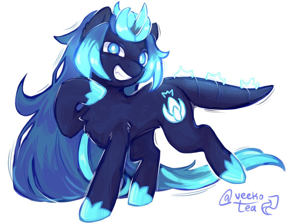 Illustration of yatogamiluca.bsky.social's OC, Gira, as a pony! Their body looks to the left as a hoof touches the chest and head turned back. Gira pony has a dark blue coat and dragon tail, long blue mid-toned hair with glowing turquoise highlights, and a curved unicorn horn that matches their hair. Cutie mark is the shape of Gira's belt buckle. Drawn in Procreate.