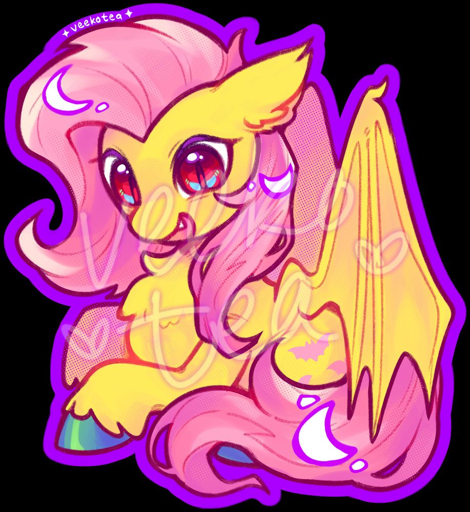 Digital illustration of Flutterbat (Fluttershy) from My Little Pony. Drawn in Clip Studio Paint (CSP). I plan to make this a sticker!!! :D

extra keywords: cute, kawaii, pony, mlp, yellow, pink, purple, green, friendship is magic, digital art, bat, bright, artist support, australian artist, cartoon, horse, sticker design, merch, fanart