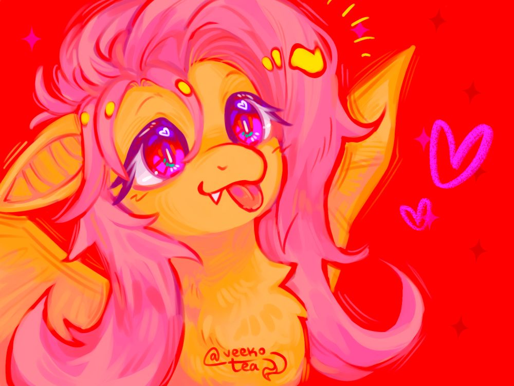 Illustration of a cute Flutterbat with her tongue out. There are lots of warm tones, including yellow, red, pink, and purple. Drawn in Procreate.