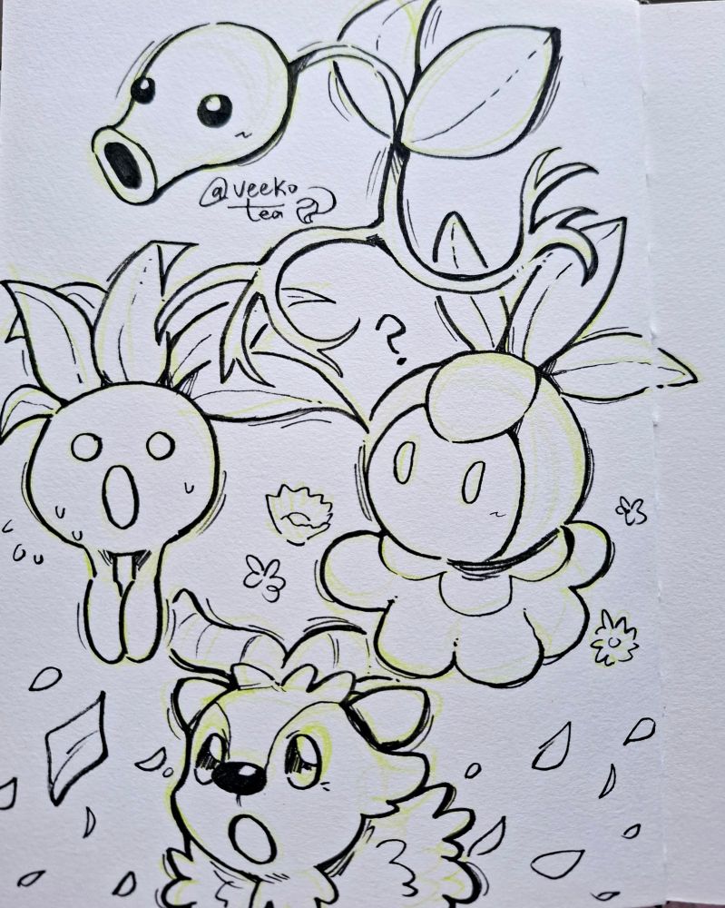 Lineart of various grass Pokemon cards. There is a Bellsprout, an Oddish, a Petilil, and a Skiddo.