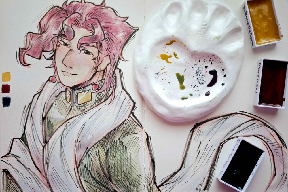 Painting of Noriaki Kakyoin. His scarf flows around some watercolour and a clay palette. Painted with Kuretake Gansai Tambi watercolour and lined with Kuretake Bimoji fude pen.