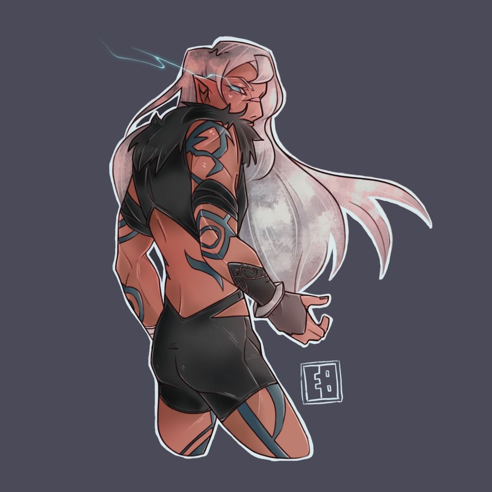 A half body drawing of a white haired elf with feathery clothes and bold tattoos along their body. 