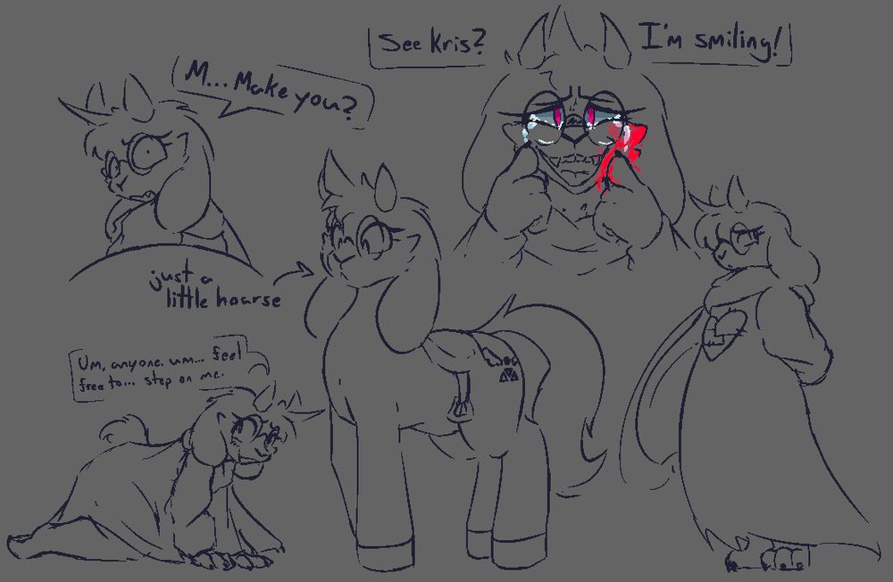Several small drawings of Ralsei.
Text, from top to bottom, left to right:
"M... Make you?"
"See Kris? I'm smiling!"
[just a little hoarse]
"Um, anyone, um... feel free to... step on me."