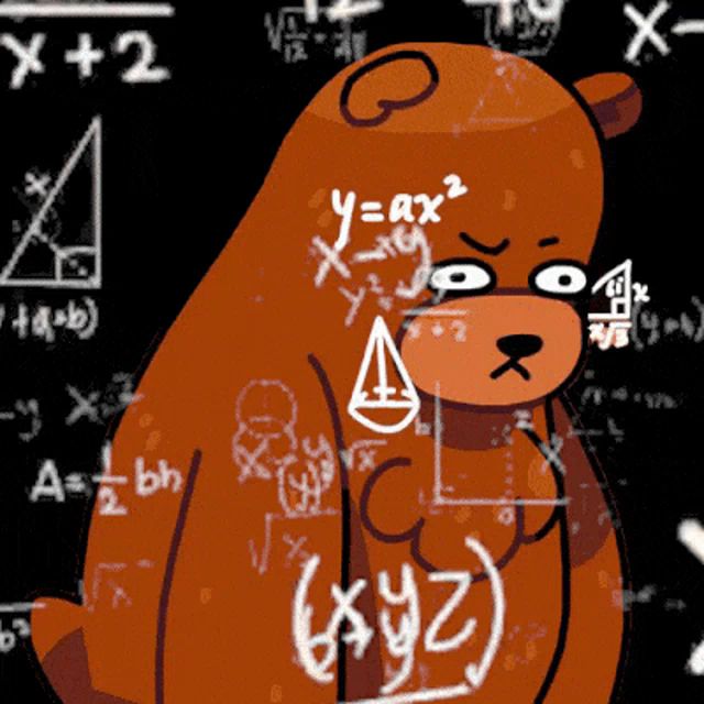 a cartoon bear is surrounded by mathematical equations including x + 2 and y = ax2