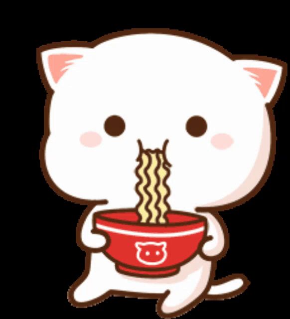 a white cat is eating noodles from a red bowl with a bear on it