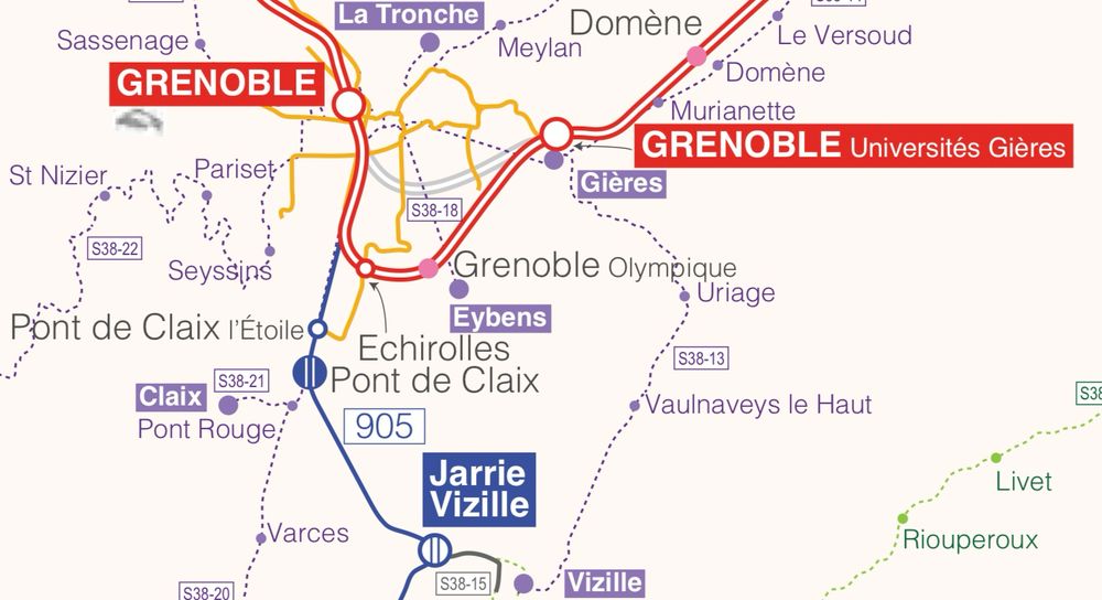 Carte desserte ferroviaire de la métropole de Grenoble. 