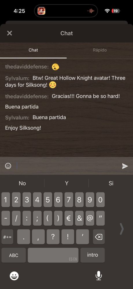 Captura del chat entre la persona del avatar de Hollow Knight y yo:
“thedaviddefense: 🤦
Sylvalum: Btw! Great Hollow Knight avatar! Three days for Silksong! ☺️
thedaviddefense: Gracias!!! Gonna be so hard! 
Buena partida. 
Sylvalum: Buena partida. 
Enjoy Silksong!”