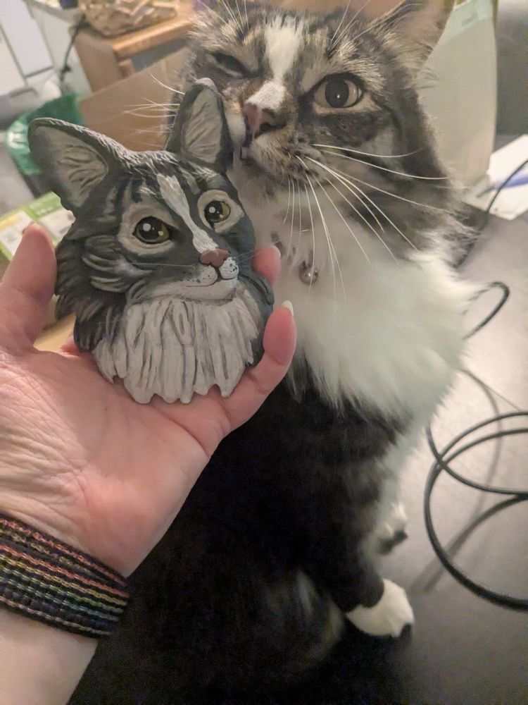A fluffy tabby and white cat rubbing his face against a magnet depicting his likeness.