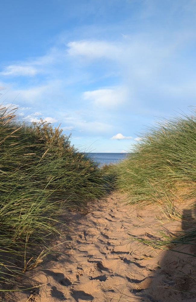 A path through the dunes to a glimpse of blue sea. Path is dry sand,  rough with footprints. Dune grass to either side. Lots of blue sky above with high wispy clouds.