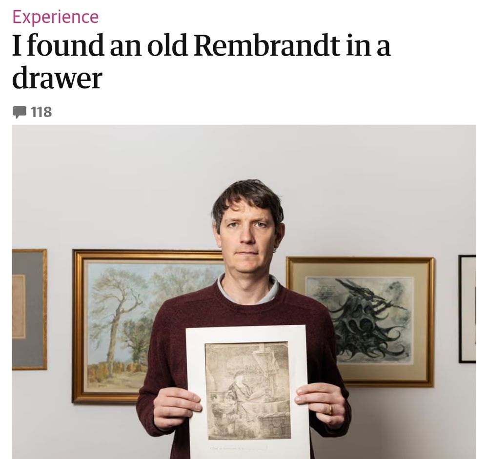 A news story clipping with the title "I found an old Rembrandt in a drawer"