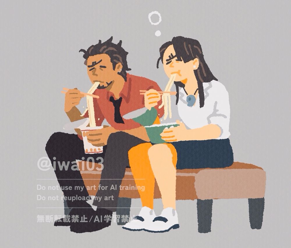 逆転裁判ファンアート疲れた顔でカップ麺を食べる神乃木と千尋さん