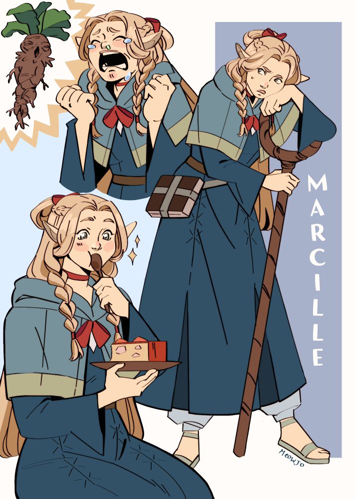 Fanart da personagem Marcille Donato, de Dungeon Meshi. Ela é uma elfa de pele clara, com cabelos loiros, longos, olhos verdes, e usa um longo vestido azul com laços vermelhos tanto na roupa quanto no cabelo. No desenho, ela faz expressões exageradas, e eles fazem referência a alguns acontecimentos do início da obra.