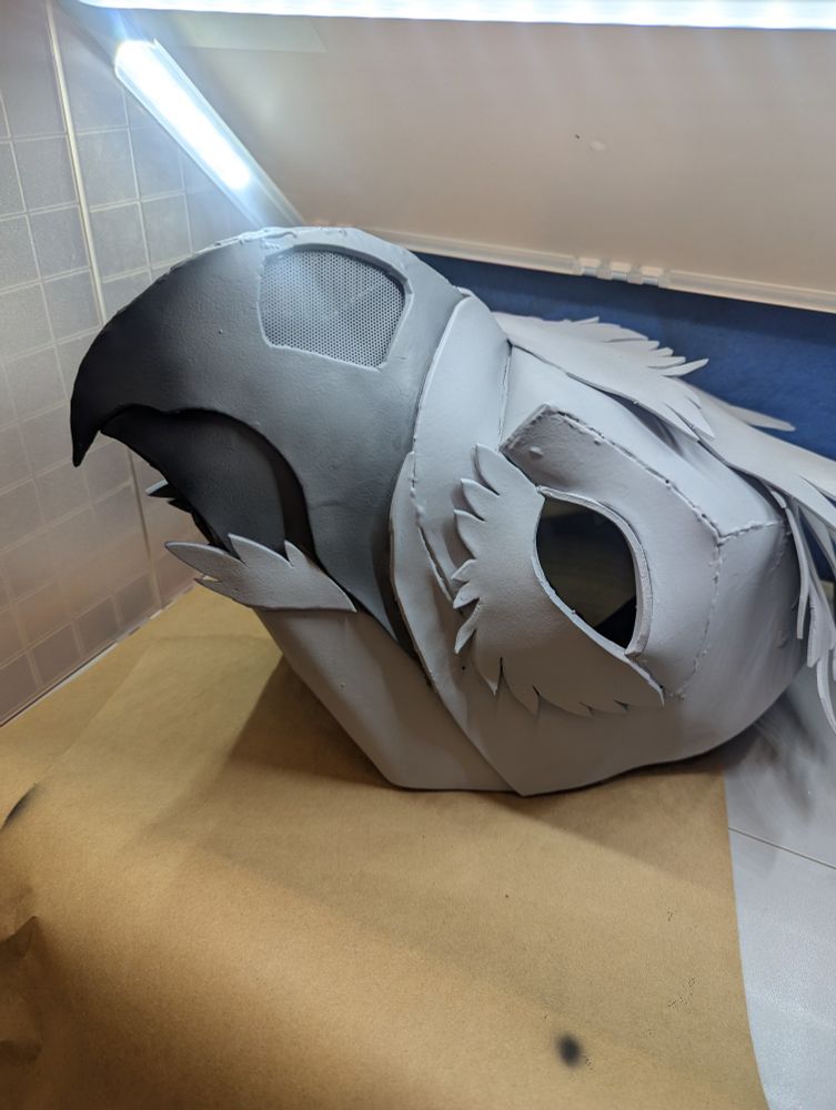 Eva foam mask of a hawk in a airbrush setup 