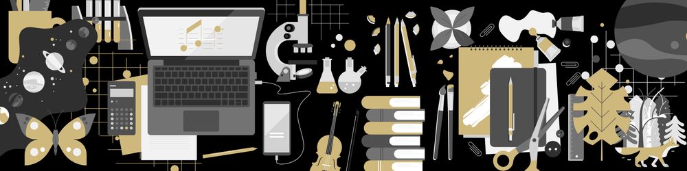 Collage of tools used in research, e.g. laptop, notebooks, microscope, etc.