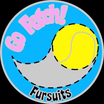 The logo of Go Fetch Fursuits which has a tennis ball being thrown.