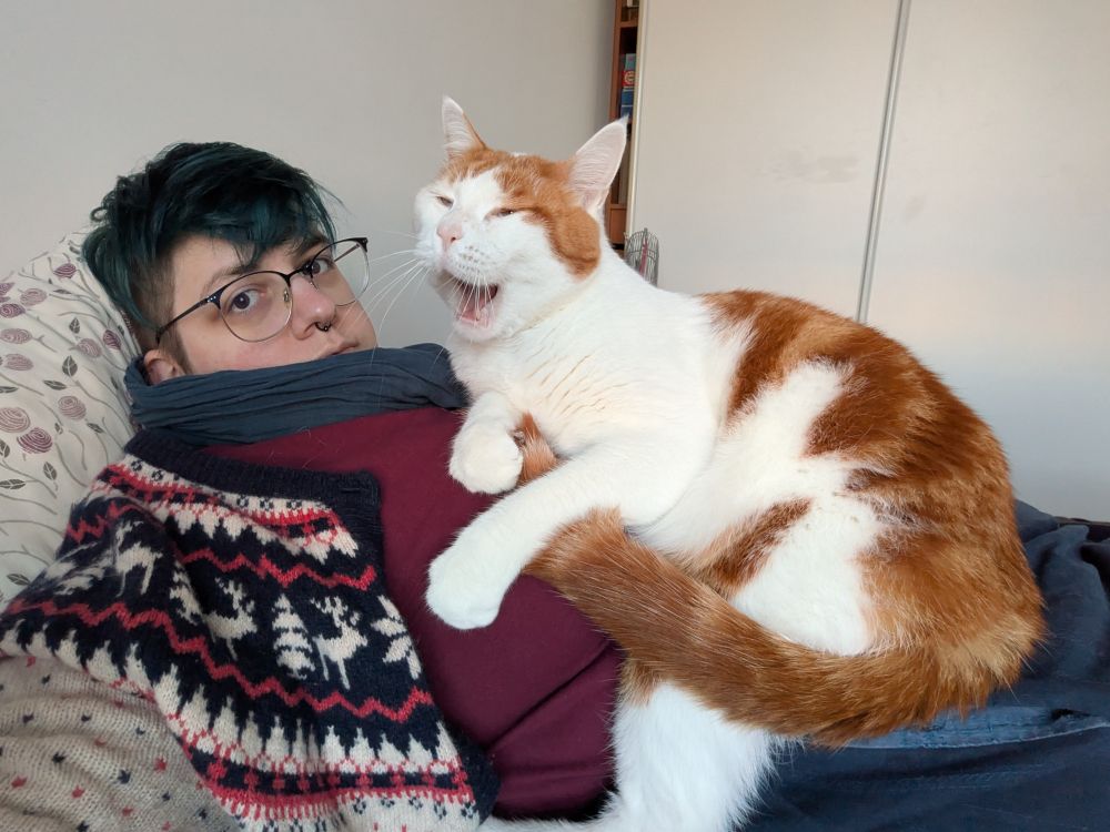 A selfie of the OP, hauntedtoasters, laying down on a bed with Quinoa, a very large cat, laying on top of them. Quinoa is white with large orange patches on his back, tail, and the top of his head. He's really big with a long tail and big paws. He's yawning and looks extremely comfortable.