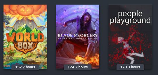 A screenshot from my steam library showing me having 152 hours on WorldBox, 124 on Blade & Sorcery and 120 on people playground