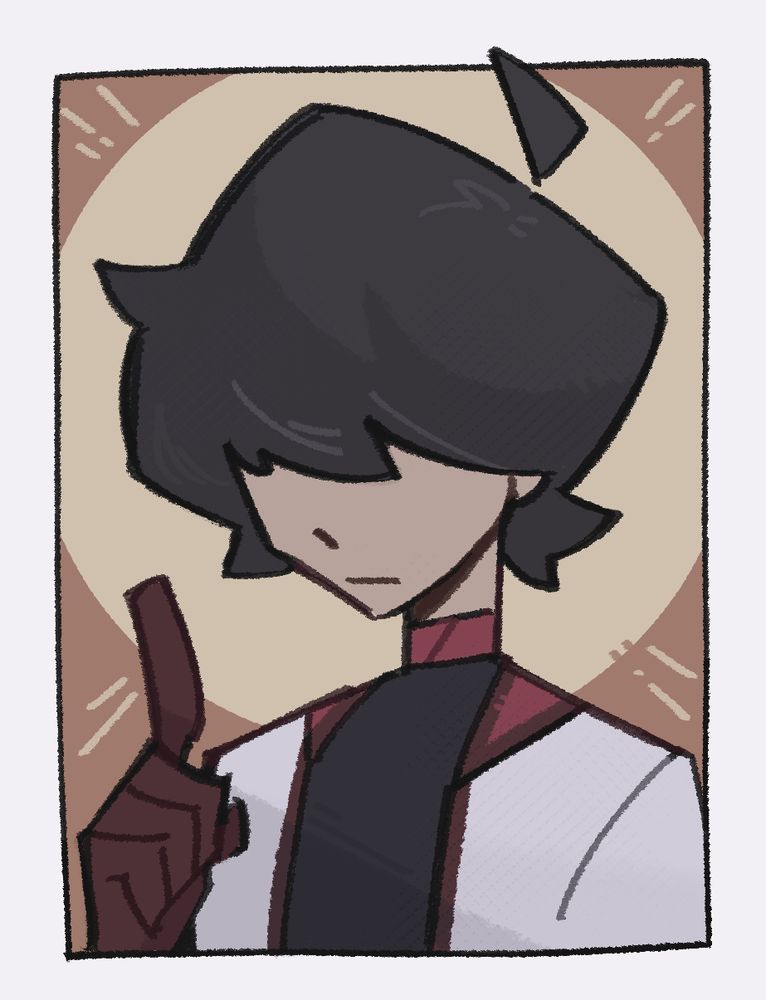 Artfight revenge. A drawing of a man with a straight expression and short hair with bangs that cover his eyes. He wears a black top, a white coat with a red trim, and maroon gloves.