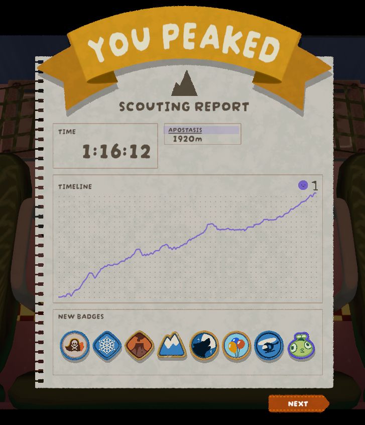 Peak completion screenshot, timed at 1:16:12.