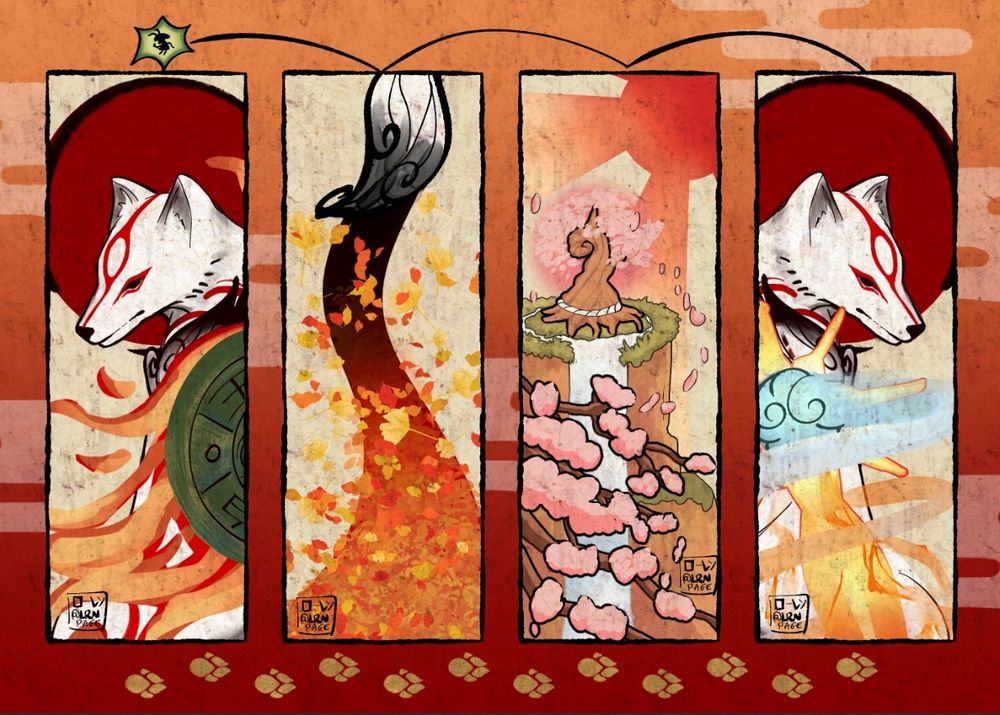 Okami fan art showing amateresu in two ways with the original shield and a sword weapon. There is a paintbrush drawing a field of autumn leaves and  cherry tree sat on the top of a mountain. 