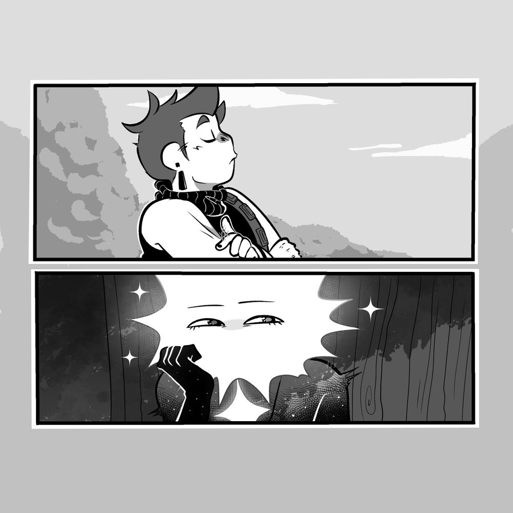 Page 2. Isabeau is tapping his finger on his arm, tilting his head up a little. He looks lost in thought.
Loop looks much the same, their brows relaxing a little as they lean their head against one of their hands.