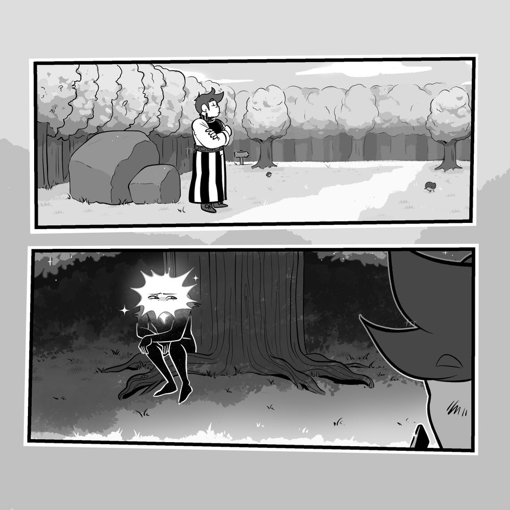 Page 1. Isabeau, a tall man with short hair, earrings, and long sleeved shirt and pants is standing in a forest clearing, on the side of a path. He's crossing his arms, eyes closed.

Loop, a person with a star shaped head, is seated on the roots of the biggest tree around, the Favor Tree. They're looking at Isabeau from afar, a bit uncertain.