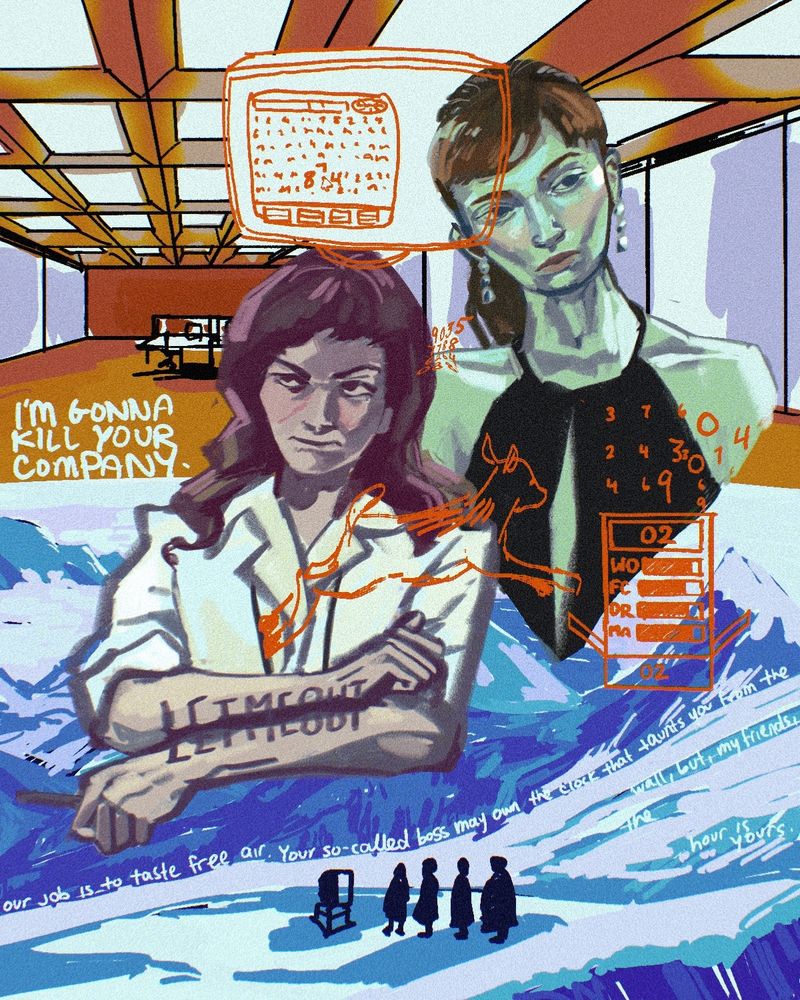 digital image of painted bust-up portraits of helena eagan and helly r from severance. there are red line elements of a goat, numbers, and a lumon computer overlayed on top.of them. the backdrop is split into a top half showing the MDR office and a bottom half showing the landscape from the ORTBO.