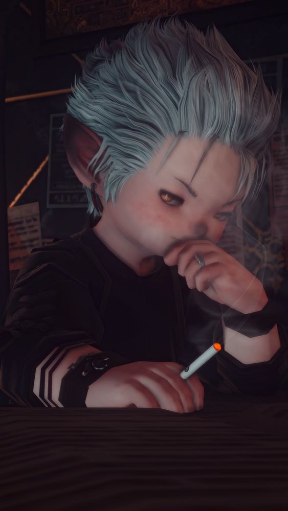 FFXIV Screenshot: A white haired lalafell sitting at a desk with a cigarette.