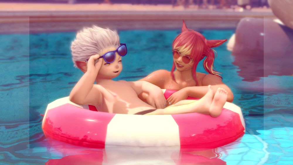 Final Fantasy XIV: A white-haired lalafell relaxing in a pool ring with a red-haired Miqo'te hanging onto one side of the ring. The lalafell is lifting his sunglasses to chat to the miqo'te.