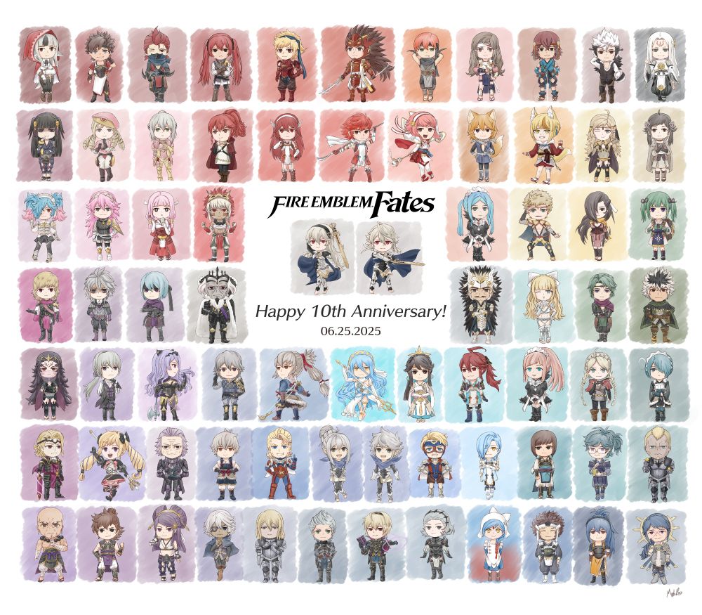 Fire Emblem Fates anniversary art of all the playable cast as chibis, arranged in rainbow order
