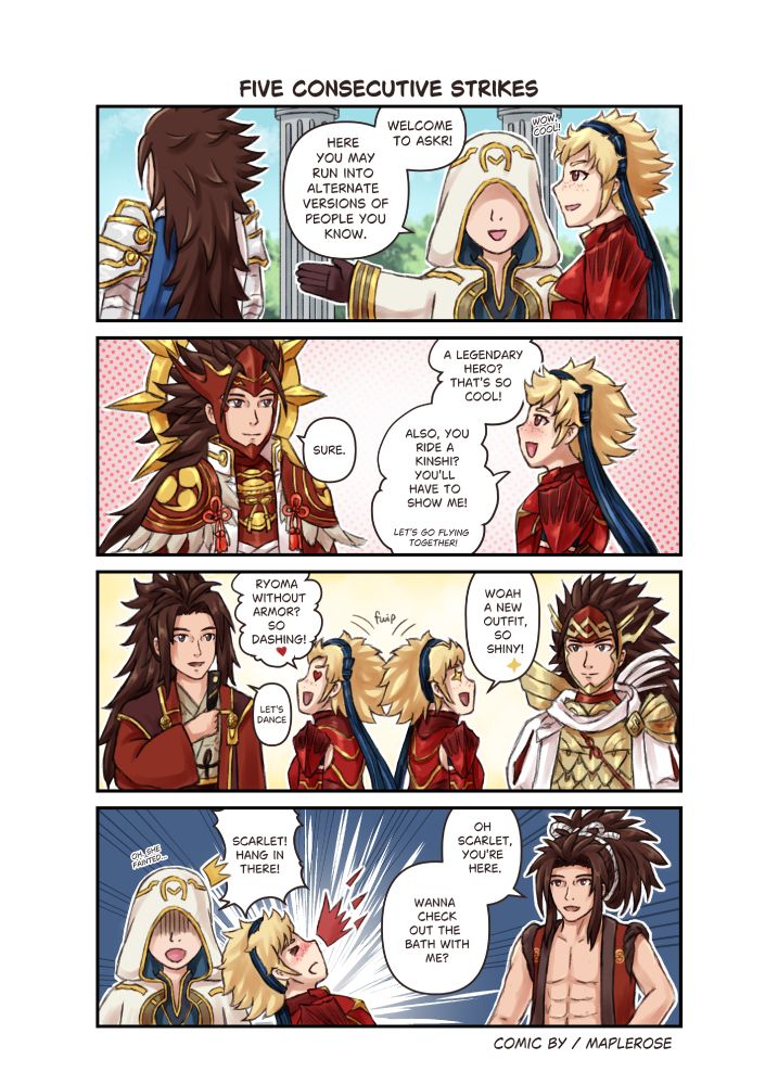 Comic based on A Day in the Life FEH comic, of Scarlet meeting various Ryoma alts in Askr
