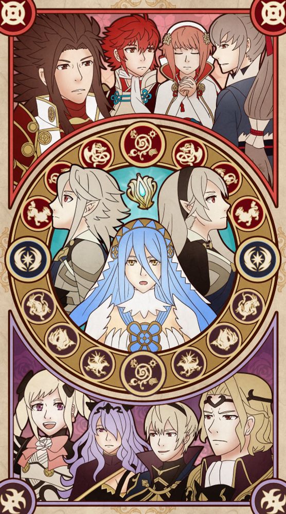 Art Nouveau style image of the main characters from Fire Emblem Fates; with Ryoma Hinoka Sakura Takumi on the top, the Corrins and Azura in the middle, and Elise Camilla Leo Xander on the bottom. The middle ring has symbols from the dragon veins.