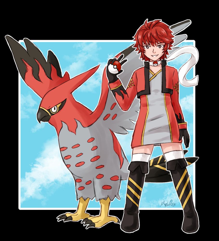 Hinoka as a Pokemon trainer standing next to Talonflame