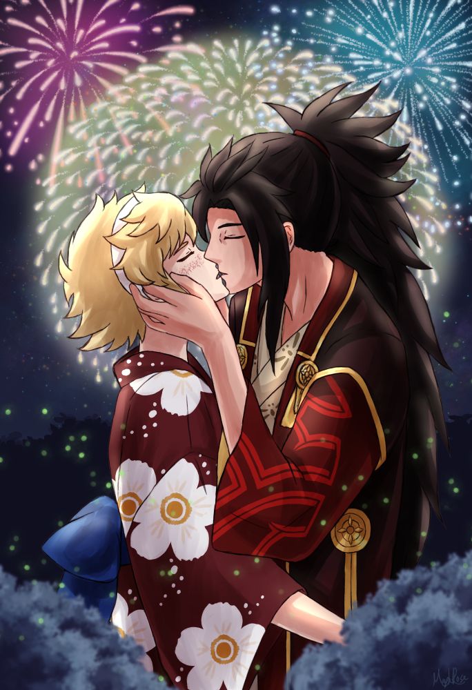 Ryoma and Scarlet about to kiss under the fireworks