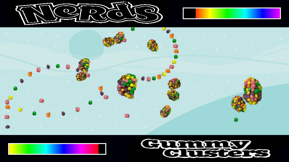 A screenshot from the video game, Battle Rockets, with the player characters and their projectiles replaced with Nerds Gummy Clusters brand candy, along with rainbow-colored health bars and the candy's logo superimposed over the player icons