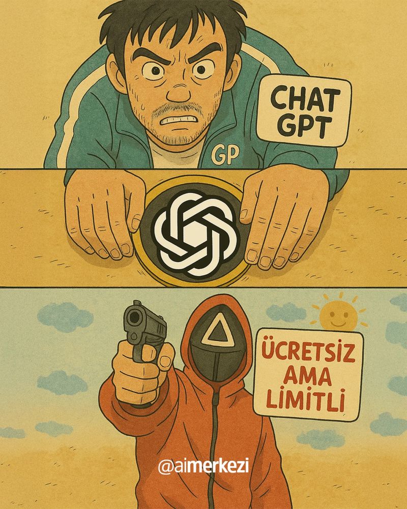 A dramatic comic-style illustration inspired by the Squid Game and anime aesthetics. In the top panel, a tense man in a teal tracksuit labeled 'GP' intensely stares while placing his hands on a large token with the ChatGPT logo. A speech bubble says 'CHAT GPT'. In the bottom panel, a masked Squid Game guard in a red hoodie points a gun forward. The background is bright with a cartoonish sun and clouds, and a sign reads 'ÜCRETSİZ AMA LİMİTLİ'. The scene is intense yet humorous, mimicking a survival game vibe with satirical commentary on AI usage limits. Stylized with warm tones, grainy texture, and retro anime vibe. Text in Turkish.