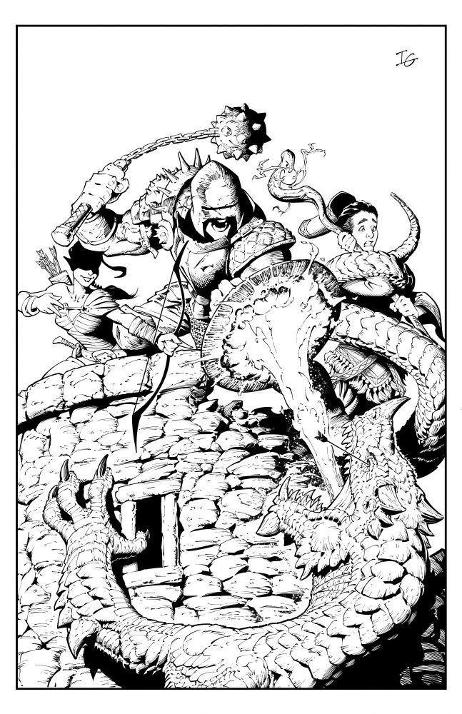 A digital ink drawing of three warriors being attacked by a dragon on a crumbling tower.