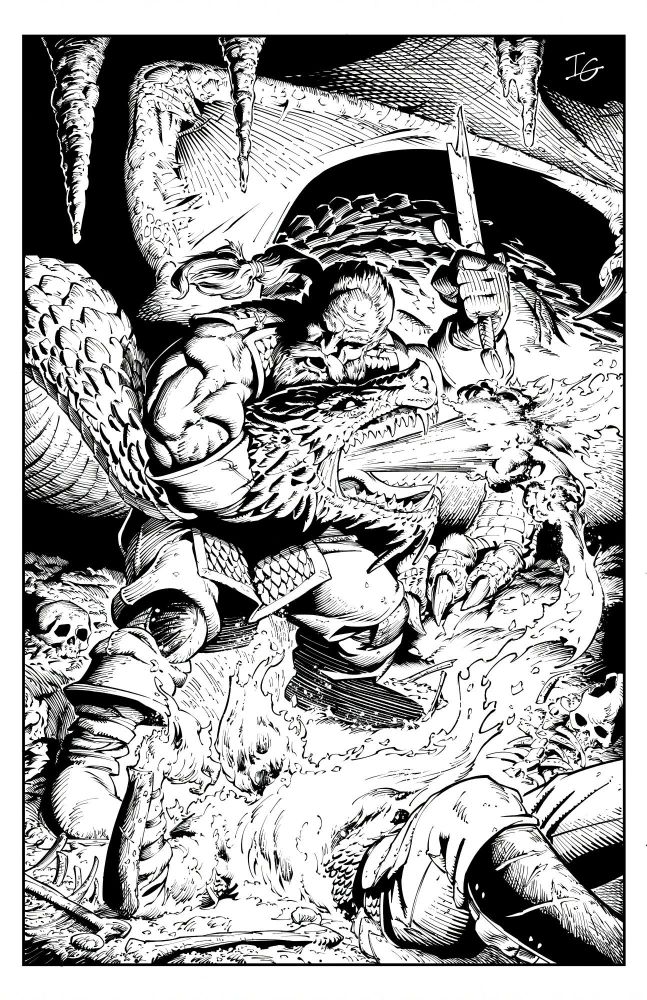 A digital ink drawing of a muscular man who is putting a dragon in a headlock to pull it away from the burning body of his companion.