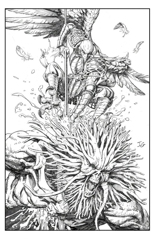 A sketch of the guardian from Elden Ring Nightreign stabbing his halberd in the back of a troll.