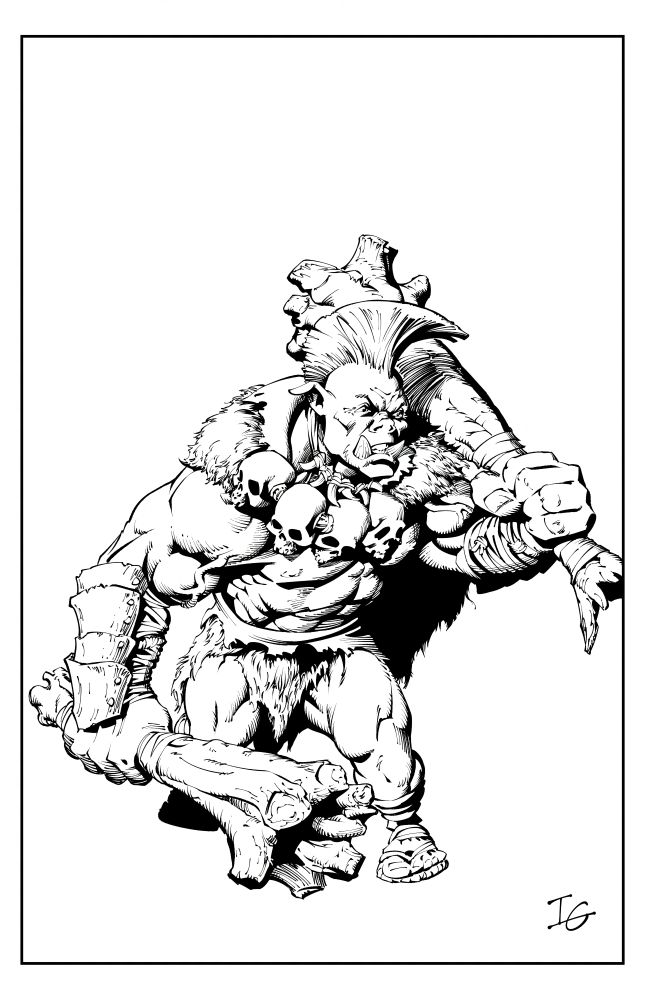 A digital ink drawing of an orc man holding a large wooden club in each hand.