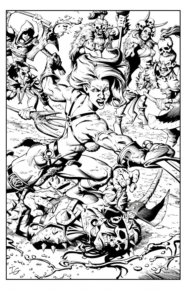 A digital ink drawing of Red Sonja swinging a bloody ax and sword while being attacked by a group of barbarians. 