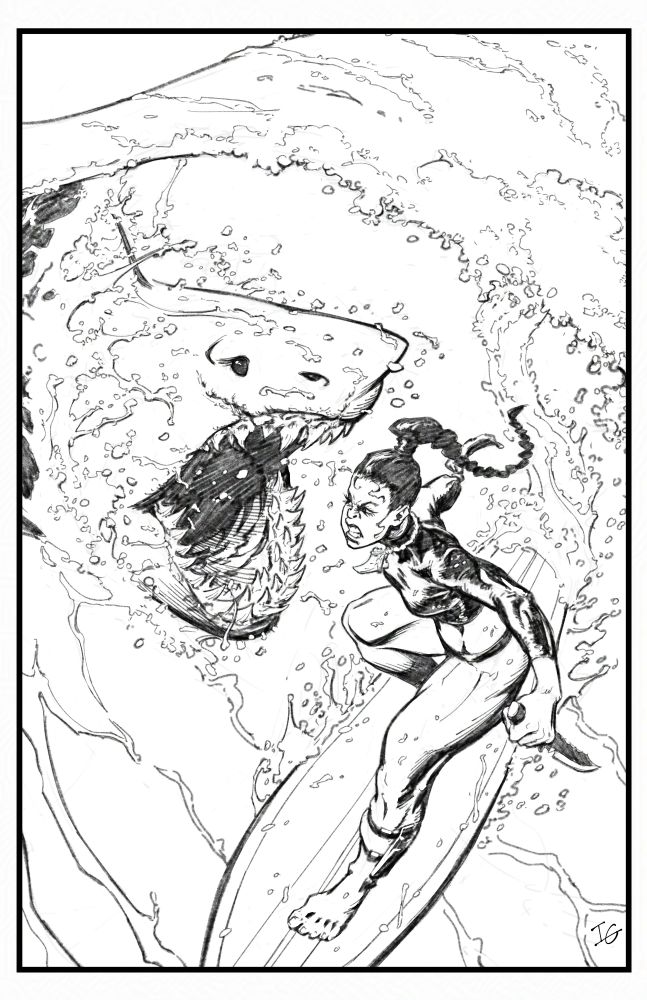 A sketch of a woman on a surfboard riding a wave that is about to be attacked by a shark.