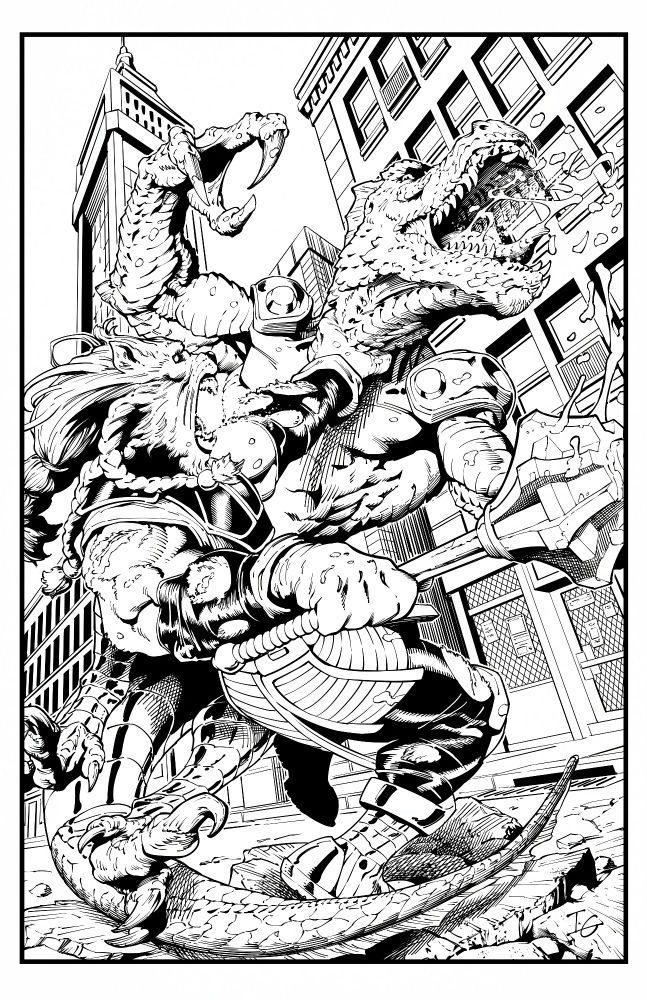A digital ink drawing of Battle Beast fighting Dinosaurus from Invincible in the middle of a city street.