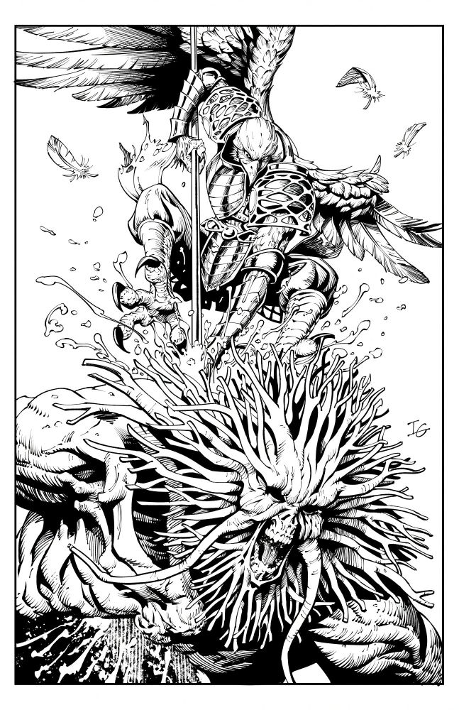 A digital ink drawing of the guardian from Elden Ring Nightreign stabbing his halberd in the back of a troll.