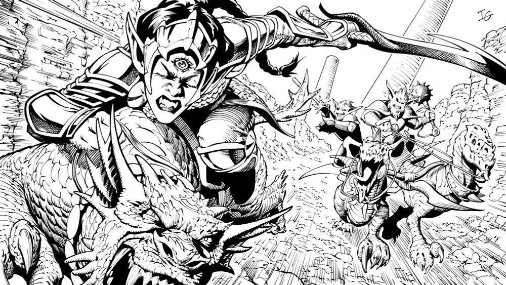 A digital ink drawing of a female warrior on a reptile tiger creature being chased in a gorge by a floating chariot pulled by two dragon ostriches. On the chariot are two furry alien characters, one with a mace the other with a rifle. In the background are huge monoliths. The warrior has her eyes closed but I gave her an open third eye that will be glowing with the same color as an eye making on the tiger's forehead, like she is controlling it with her mind.