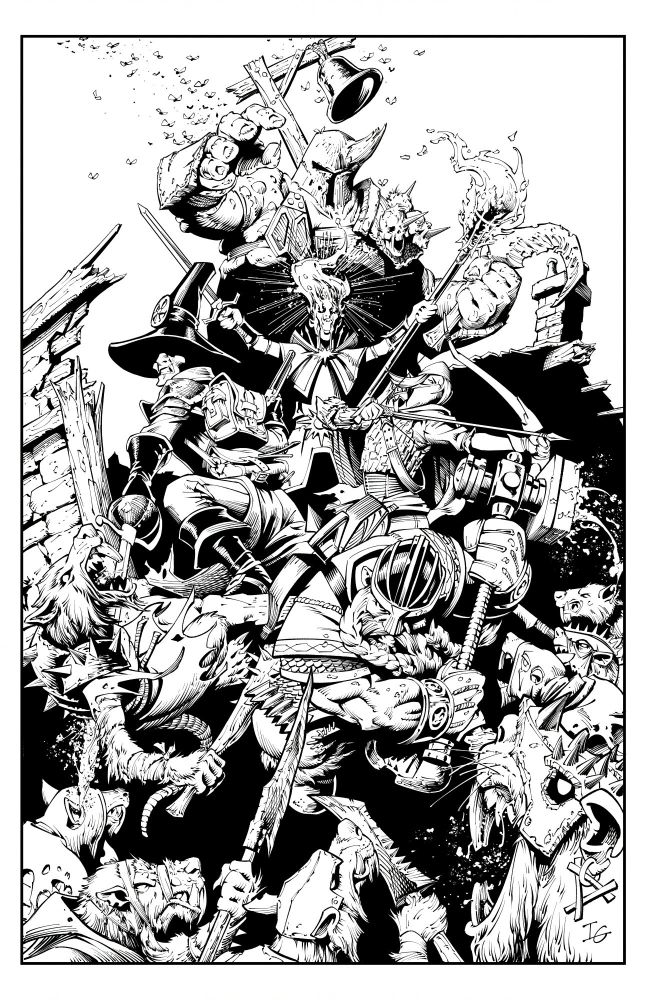 A digital ink drawing of a dwarf, an elf, a witch hunter, and a pyromancer being attacked by a hoard of skaven and a Nurgle chaos warrior. 